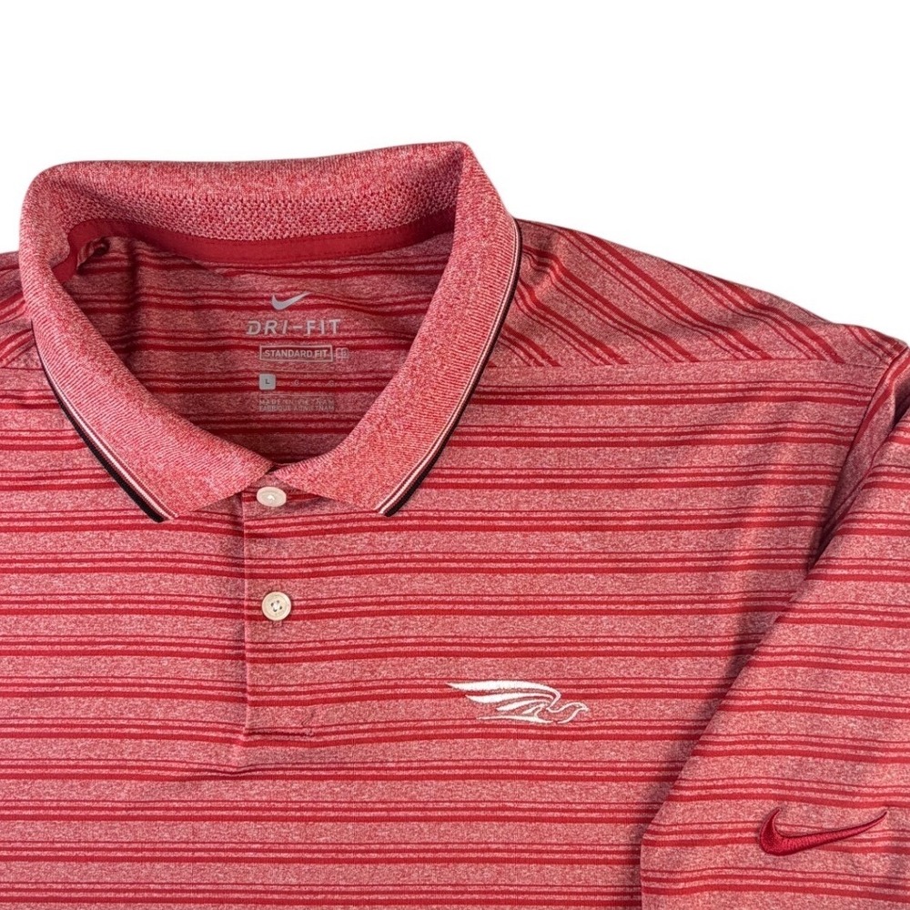 Nike Mens Dri-FIT Striped Polo Shirt Red White Bird Logo Standard Fit Large